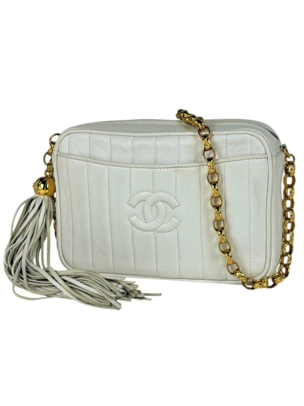Chanel Shoulder Bag CC Logo Mademoiselle Fringe Tassel Leather White